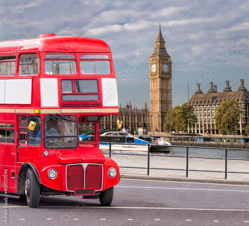 Big Ben with old red double decker bus in London  England  UK