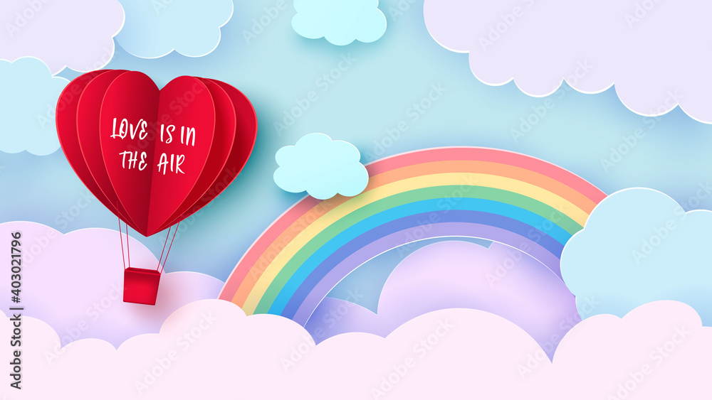 Valentine s day background with heart shaped balloon flying through the clouds. Romantic paper art in origami style. Vector