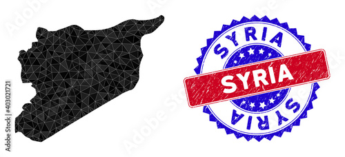 Syria map polygonal mesh with filled triangles, and grunge bicolor stamp imitation. Triangle mosaic Syria map with mesh vector model, triangles have randomized sizes, and positions, and color tones.