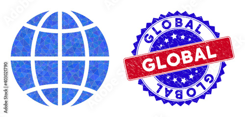 Planet globe polygonal mesh with filled triangles, and distress bicolor rubber seal. Triangle mosaic planet globe with mesh vector model, triangles have different sizes, and positions,