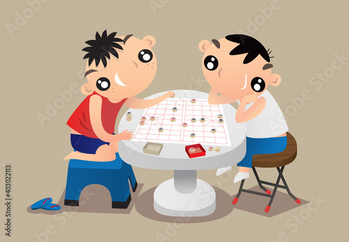 Cartoon illustration of two kids playing traditional Chinese chess