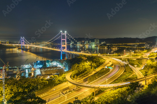 Photography Tsing Ma Bridge in Hong Kong city at dusk