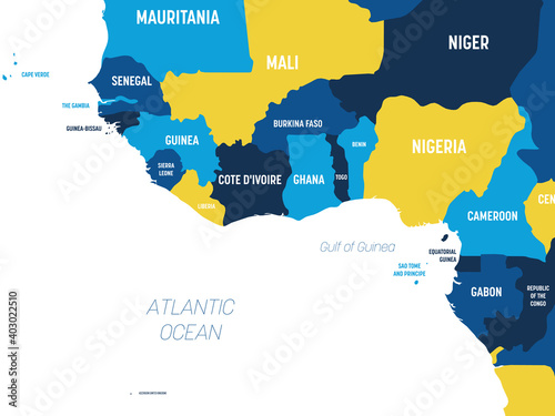 Western Africa map - brown orange hue colored on dark background. High detailed political map of western african and Bay of Guinea region with country, ocean and sea names labeling