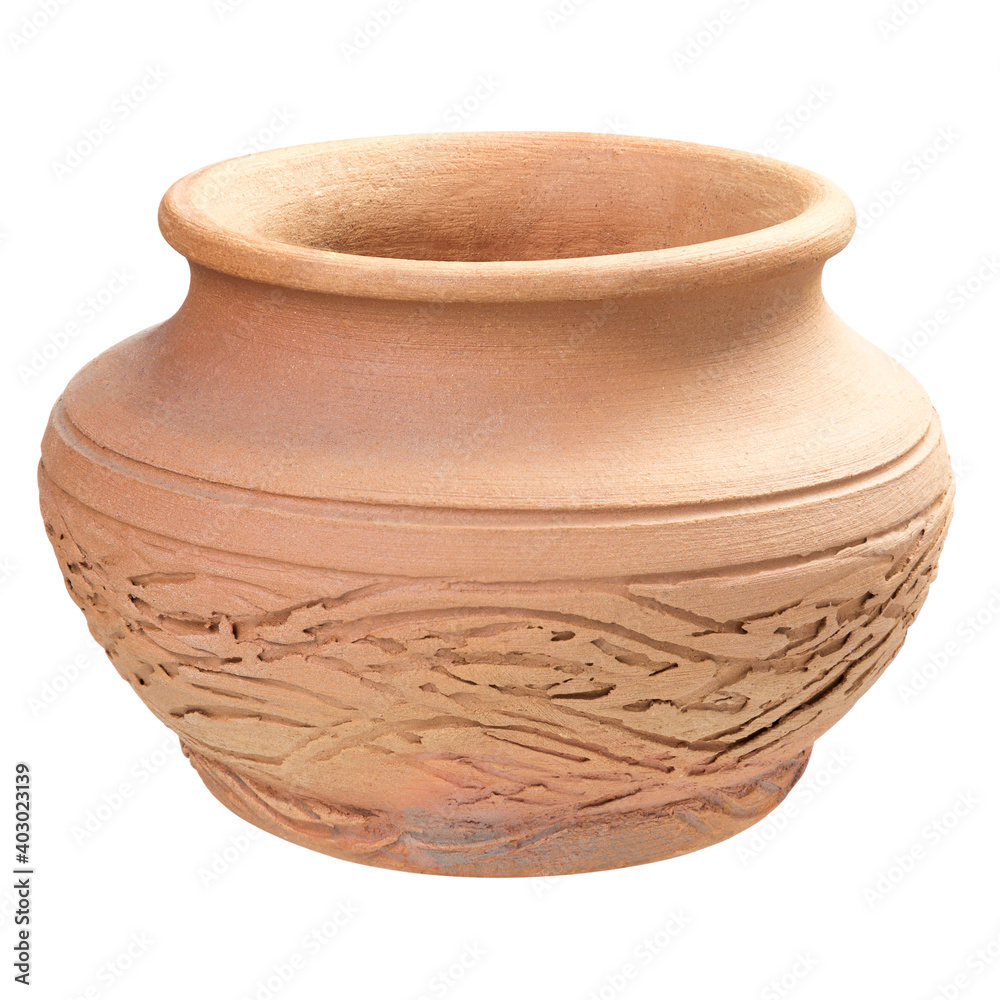 Empty brown ceramic pot isolated on white