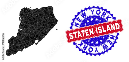 Staten Island map polygonal mesh with filled triangles, and rubber bicolor rubber seal. Triangle mosaic Staten Island map with triangular vector model, triangles have randomized sizes, and positions, photo