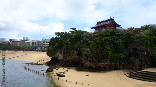Shrine temple on the cliff above the beach in Naha, Okinawa, Japan 