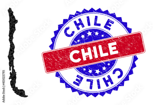Chile map polygonal mesh with filled triangles, and rough bicolor rubber seal. Triangle mosaic Chile map with mesh vector model, triangles have randomized sizes, and positions, and color shades.