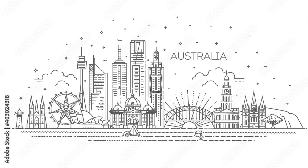 Naklejka premium Australia architecture line skyline illustration. Linear cityscape with famous landmarks