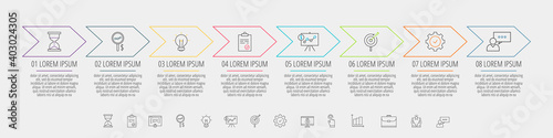 Arrows vector line infographic with 8 steps, icons. Timeline used for diagram, chart, web, banner, workflow layout, presentations, flowchart, info graph, content, chart, processes diagram