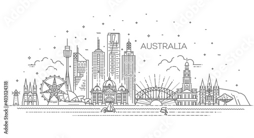 Australia architecture line skyline illustration. Linear cityscape with famous landmarks