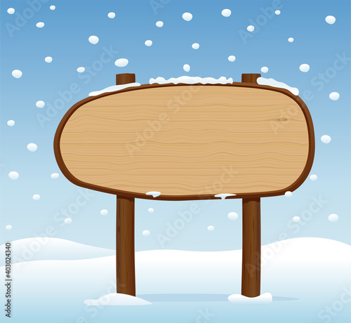 Wooden signboard on snowy day.Vector illustration.