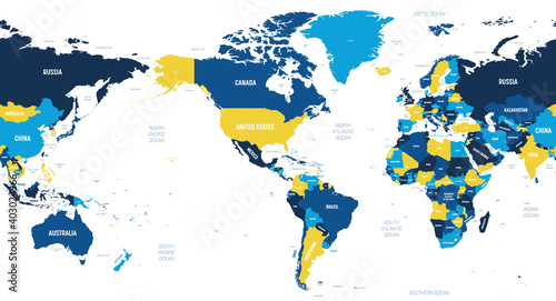 World map - America centered. Brown orange hue colored on dark background. High detailed political map of World with country, ocean and sea names labeling