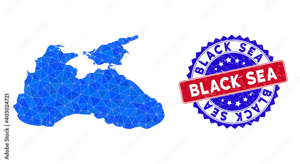 Black Sea map polygonal mesh with filled triangles, and scratched bicolor stamp seal. Triangle mosaic Black Sea map with mesh vector model, triangles have variable sizes, and positions,