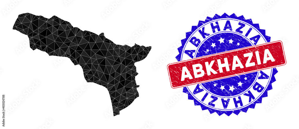 Abkhazia map polygonal mesh with filled triangles, and grunge bicolor stamp seal. Triangle mosaic Abkhazia map with mesh vector model, triangles have various sizes, and positions, and color tones.