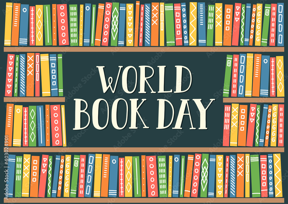 Obraz premium World book day. Bookshelves with hand drawn lettering. 