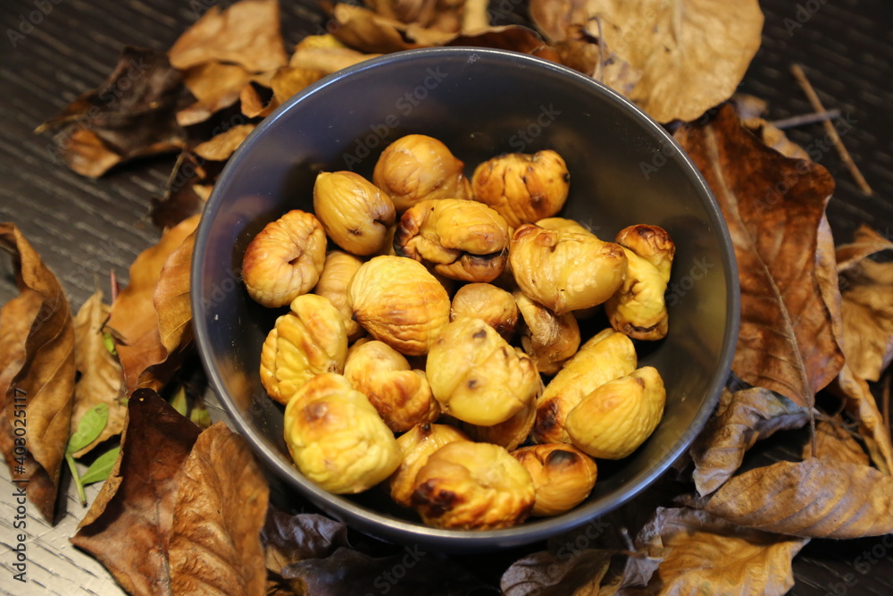 Flavors of autumn, sweet roasted chestnuts