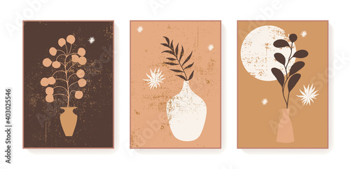 Boho triptych wall decor prints. Bohemian style abstract botanical cards. Printable artistic boho style wall art plant home decor. Earth tones brown neutral colors elegant vector posters, covers