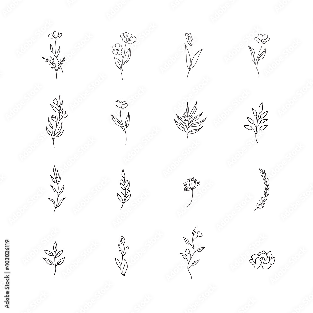Set of cute hand drawn flowers, branches, leaves. Vector line arrangements for instagram stories highlights, greeting card or invitation design Set of cute hand drawn flowers, branches, leaves. Vector line arrangements for instagram stories highlights, greeting card or invitation design