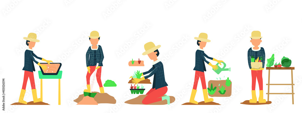 People gardening. Man planting gardens vegetables, agriculture gardener hobby plants at home and outdoor. Vector is drawn illustrations of plants in pots working.farm Flat vector icon set