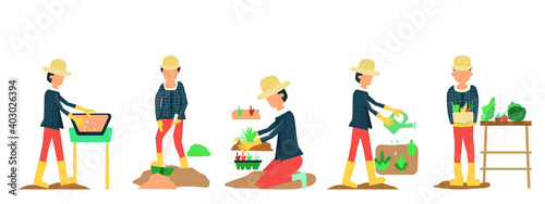 People gardening. Man planting gardens vegetables, agriculture gardener hobby plants at home and outdoor. Vector is drawn illustrations of plants in pots working.farm Flat vector icon set