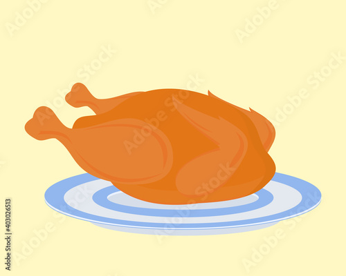 Fried chicken on a platter. Grilled chicken. Food for a festive dinner. Vector illustration