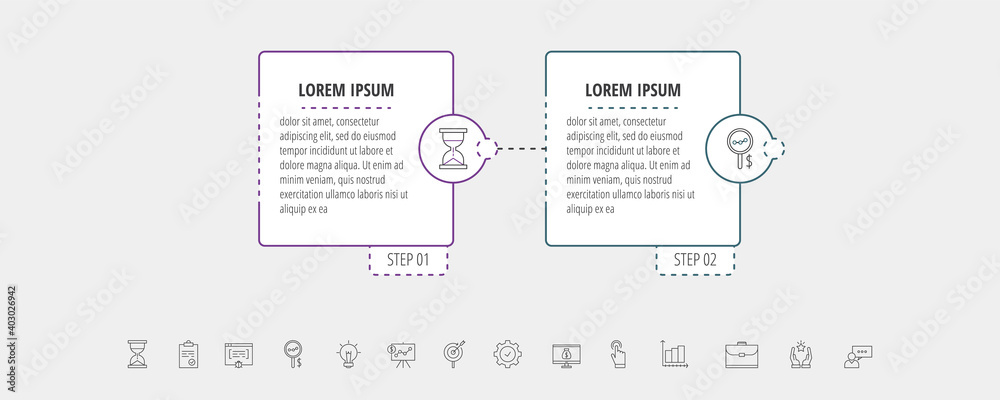 Square vector line infographic with two steps, circles. Rectangular timeline used for diagram, chart, web, banner, workflow layout, presentations, flowchart, info graph, content, levels, chart Square vector line infographic with two steps, circles. Rectangular timeline used for diagram, chart, web, banner, workflow layout, presentations, flowchart, info graph, content, levels, chart