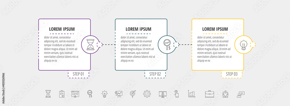 Square vector line infographic with three steps, circles. Rectangular timeline used for diagram, chart, workflow layout, presentations, flowchart, info graph, content, levels, chart, processes diagram Square vector line infographic with three steps, circles. Rectangular timeline used for diagram, chart, workflow layout, presentations, flowchart, info graph, content, levels, chart, processes diagram