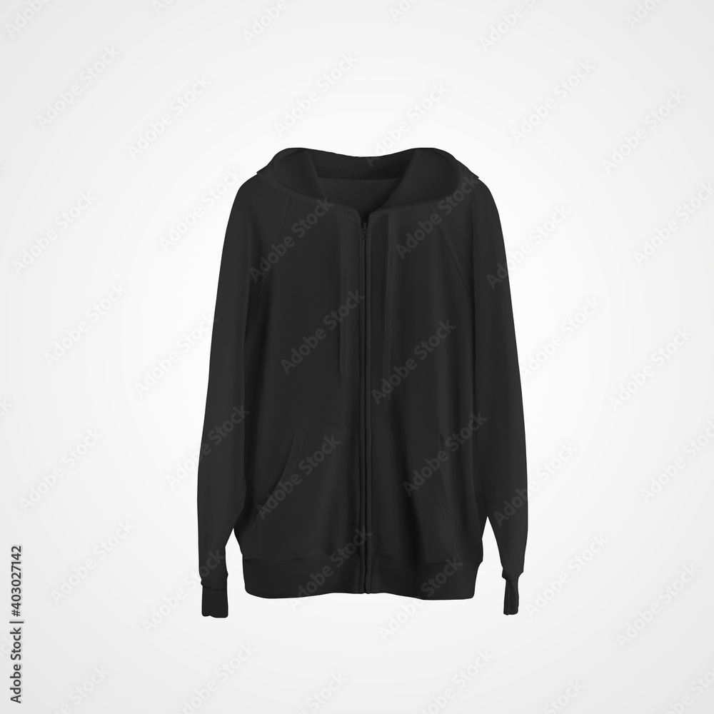 Mockup of black hanging hoodie with zip fastener, pocket and drawstrings on the hood, front view, isolated on white background.