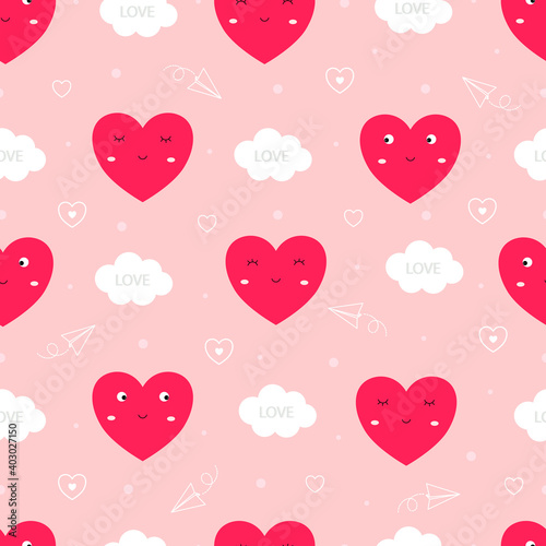 Seamless pattern Valentine's day background with hearts and clouds Cute design, cartoon style, use for printing, wallpaper, decoration, textile fabric. Vector illustration