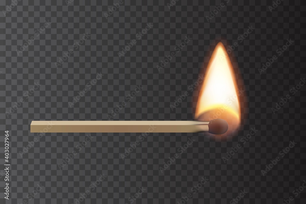 Vecteur Stock Lit match stick burning with fire flame. Wooden match, hot  and glowing red isolated on transparent background. Abstract realistic  horizontal vector illustration | Adobe Stock