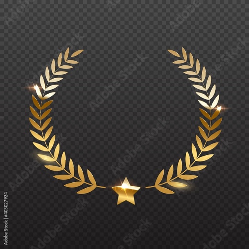 Award star and golden laurel. Gold prize elements on transparent background. Champion glory in competition vector illustration. Hollywood fame in film and cinema or championship in sport