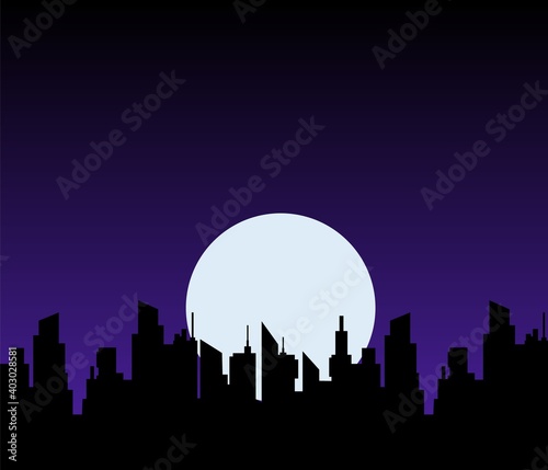 Night moon over city skyscrapers. Silhouettes black panoramic cityscape on dark vector landscape background.