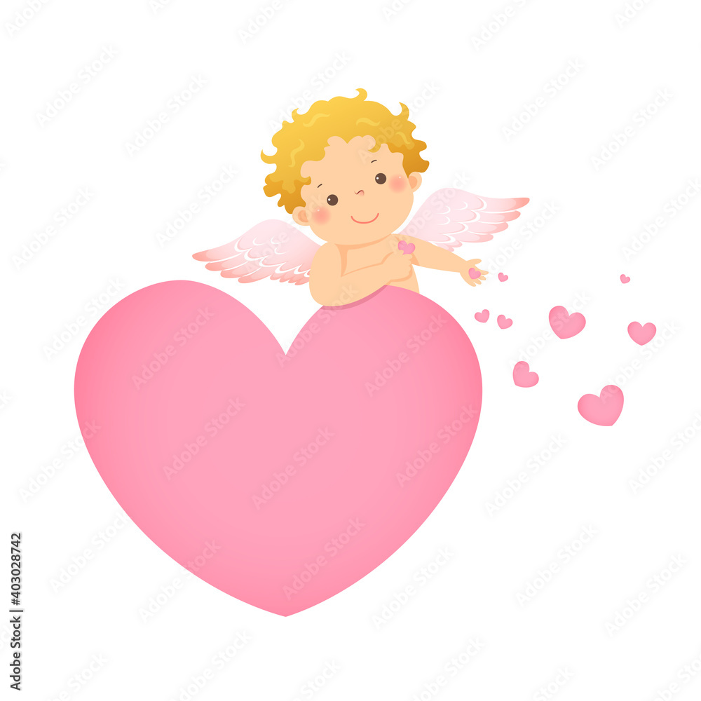 Vector illustration cartoon of little cupid behind pink heart shaped. Vector illustration of a Valentine’s Day. Vector illustration cartoon of little cupid behind pink heart shaped. Vector illustration of a Valentine’s Day.