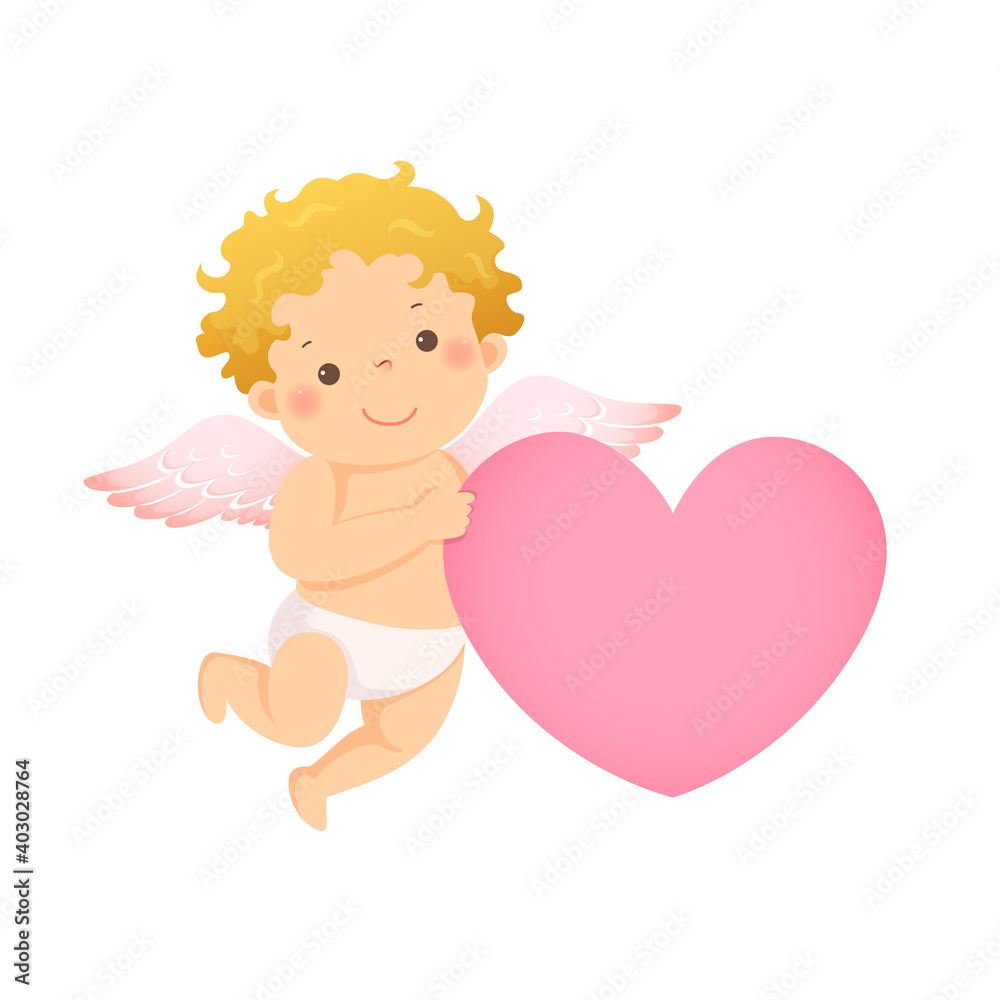 Vector illustration cartoon of little cupid with pink heart shaped. Vector illustration of a Valentine’s Day.