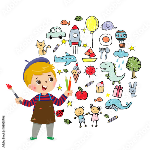 Vector illustration cartoon of little boy artist painting with color pencils and brush on white background.
