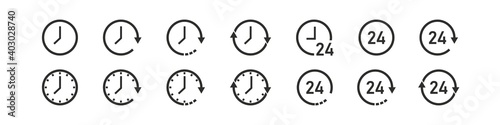 Clock set icons. All time 24 hour and arrow sign symbol. Vector