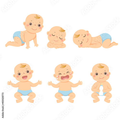 Vector illustration cartoon set of cute little baby or toddler boy in different activity.