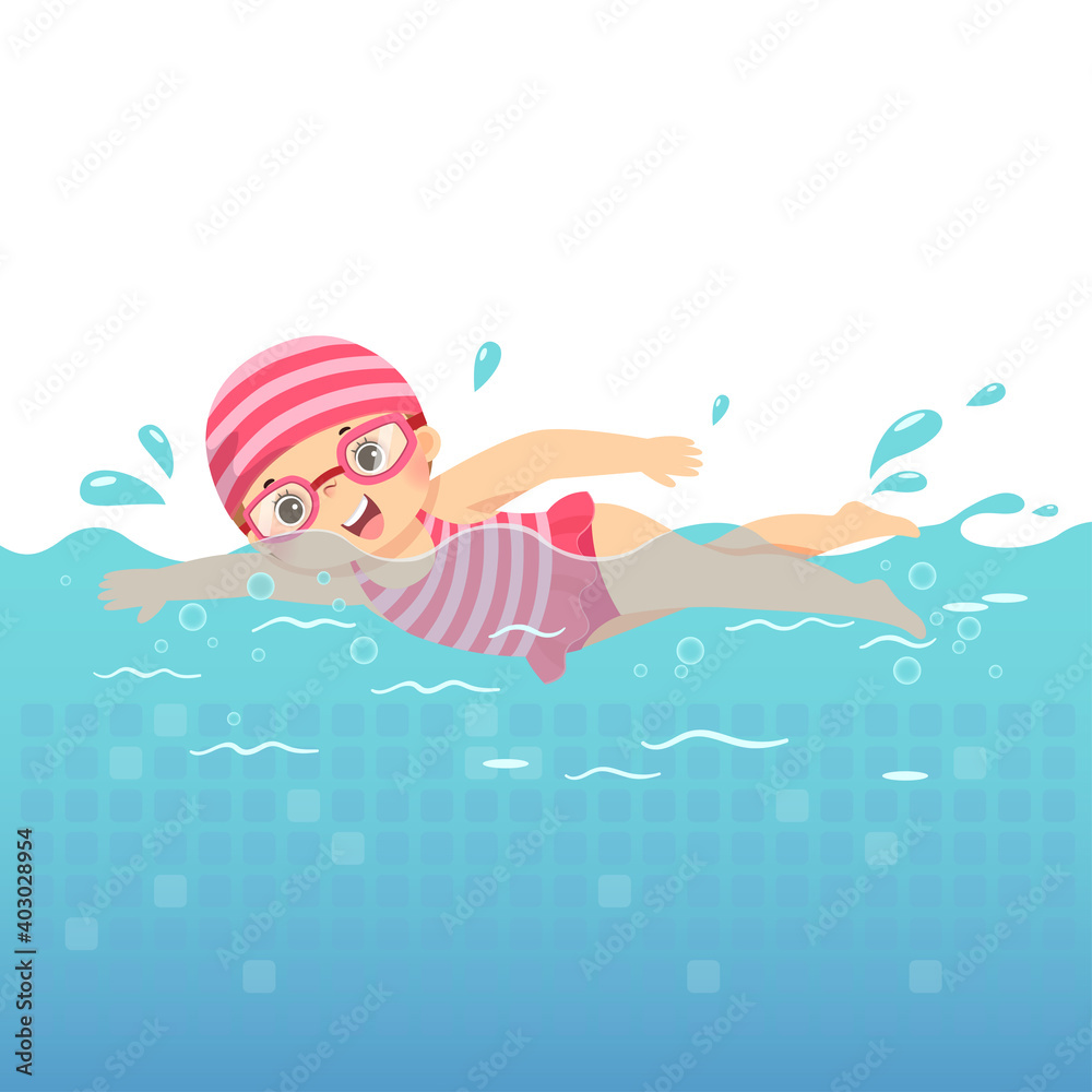 Vector illustration cartoon of little girl in pink swimsuit swimming in the pool. Vector illustration cartoon of little girl in pink swimsuit swimming in the pool.