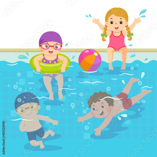 Vector illustration cartoon of happy children swimming in the pool.