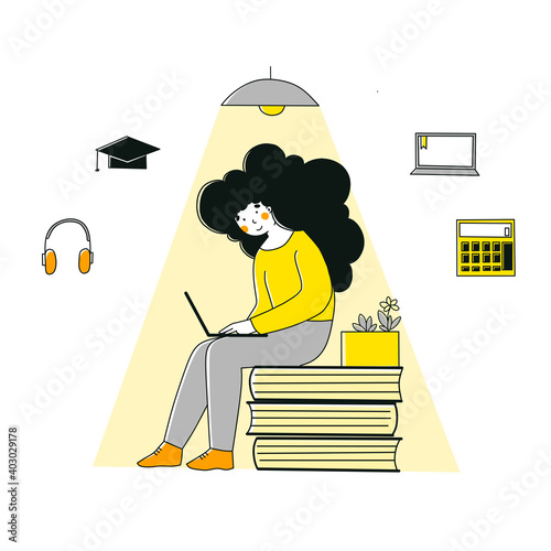 Self-study in flat style. School, education, study, learning concept. Home office.