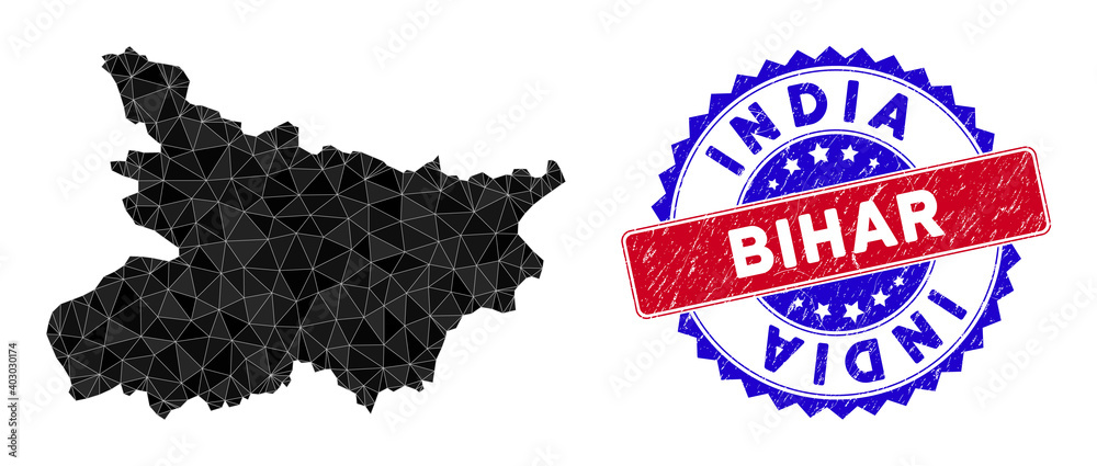 Bihar State map polygonal mesh with filled triangles, and distress bicolor stamp. Triangle mosaic Bihar State map with mesh vector model, triangles have randomized sizes, and positions,