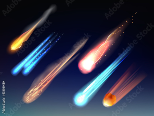 Falling comets. Astronomy collection space bodies stars meteorites cosmic glowing universe vector items realistic template. Illustration comet shooting, asteroid falling and meteorite in sky photo