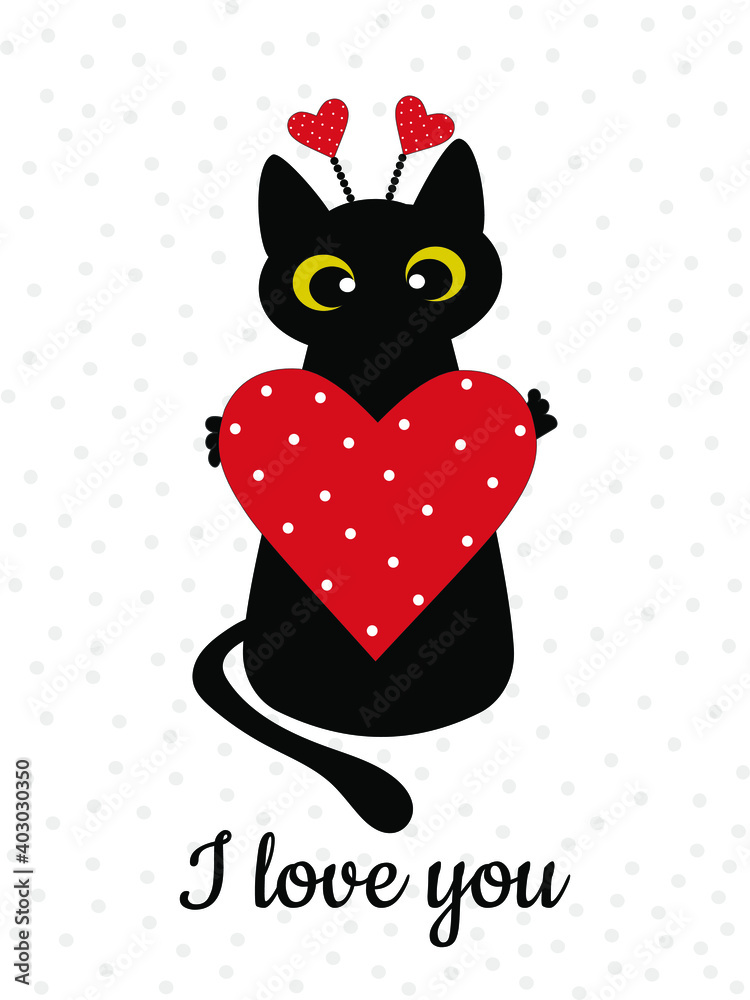 Black cat and red heart with polka dots on a white background. Winter holiday card for Valentine's Day. Pattern for fashionable prints on cups, textiles, clothes, notebooks. Vector illustration.
