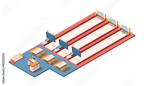 Bowling club. Isometric interior floor for bowling scoreboard indoor pictures shoe ball vector sport game. Illustration bowling equipment isometric, sport tournament