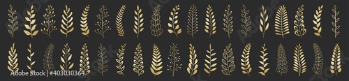 Set of gold laurels branches. Flower ornament dividers collection. Vintage laurel wreaths. Hand drawn vector laurel leaves decorative elements. Leaves, swirls, ornate, award, icon.