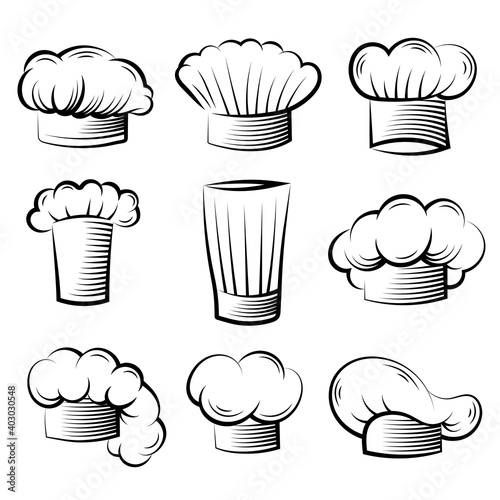 Chef hat. Cook professional clothes for preparing food on kitchen vector collection set. Illustration cook chef hat collection, occupation cooking and preparing food