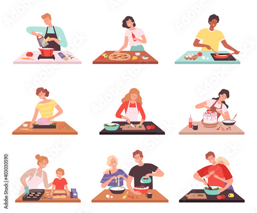 People cooking. Happy smile characters preparing product in kitchen family cuisine catering service vector set. Illustration happy people cooking together, preparing pizza or chicken
