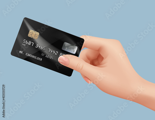 Plastic card in hand. Businessman holding financial banking debit card people nfs paying vector realistic illustrations. Finance identity card, banking shopping tool for retail