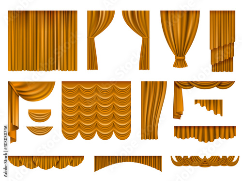 Luxury curtains realistic. Golden interior decoration wavy curtains wedding elements vector set. Illustration realistic interior, luxury theater decor