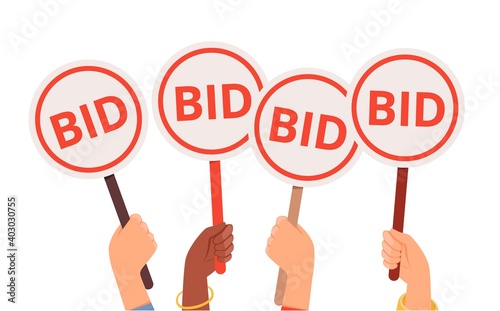 Bidding process. Auction paddles, flat hand holding plates. Finance or business, special offer vector concept. Illustration bidder competition, auction public